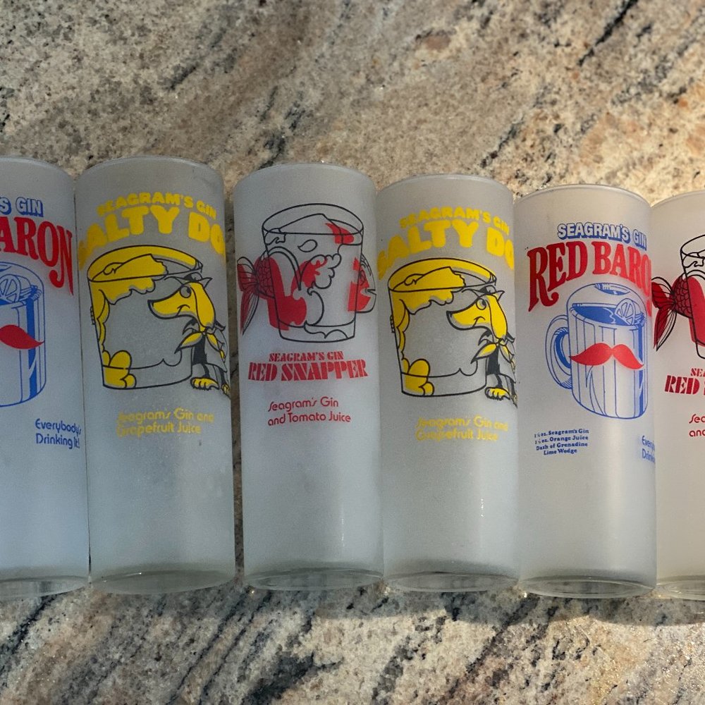 6 Vintage Frosty Glass Seagram's Gin Barware Glasses Salty Dog Red Snapper Baron